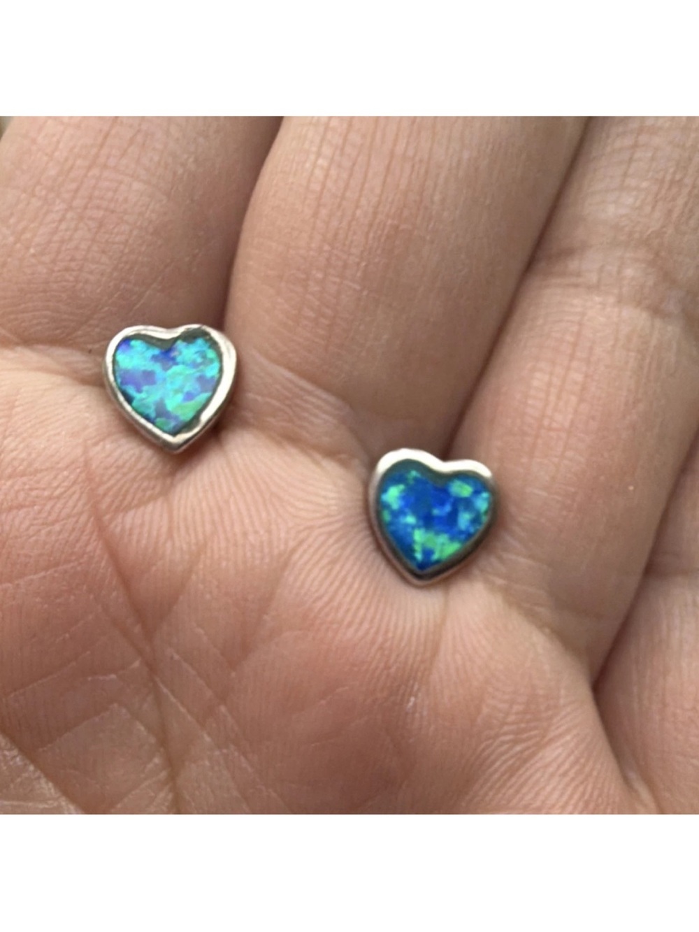 Heart-Shaped Blue Opal Stud Earrings - Sterling silver 925